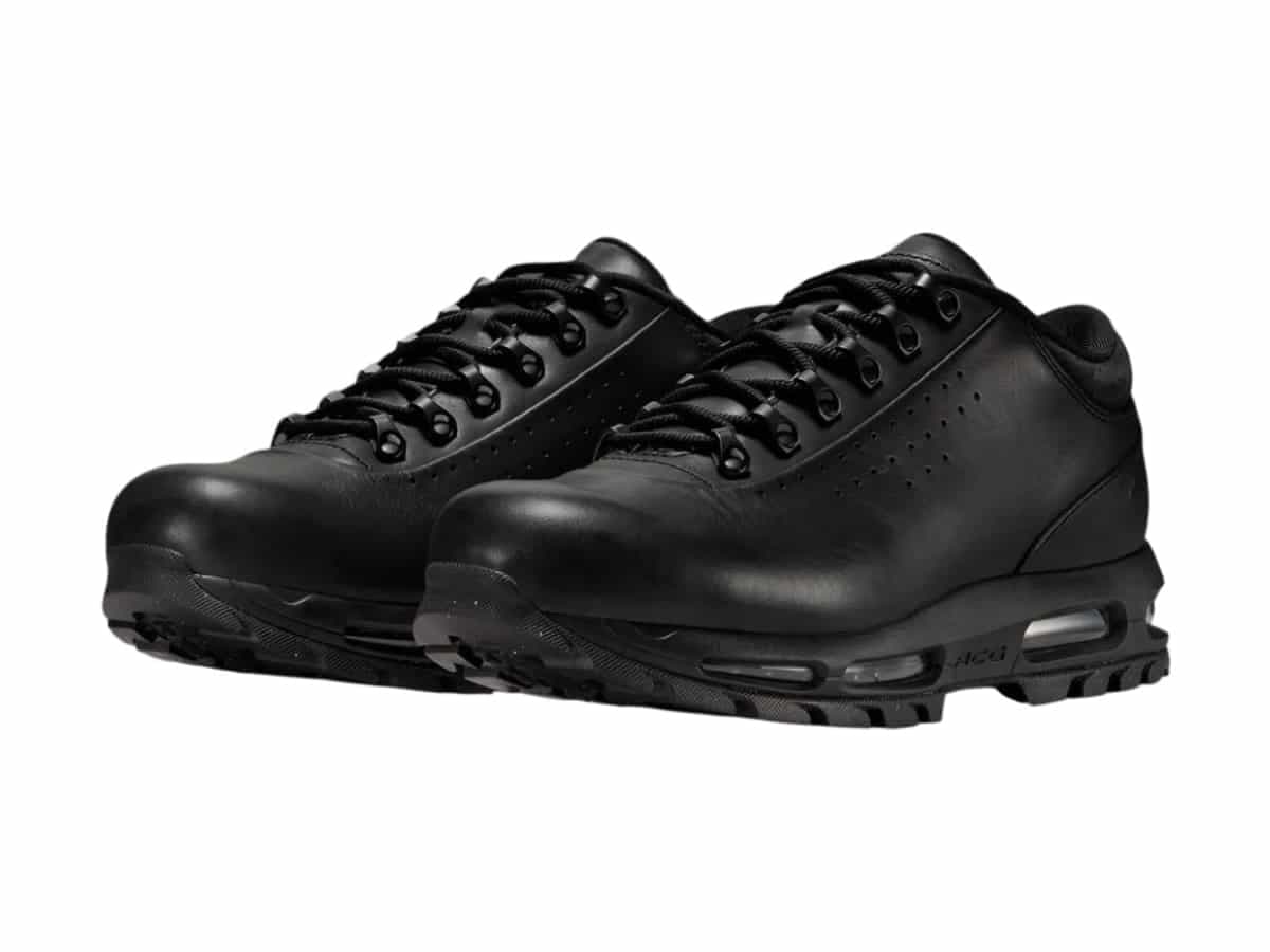 Nike Air Max Goadome Low in black leather, side angle showing laced design and rugged sole.