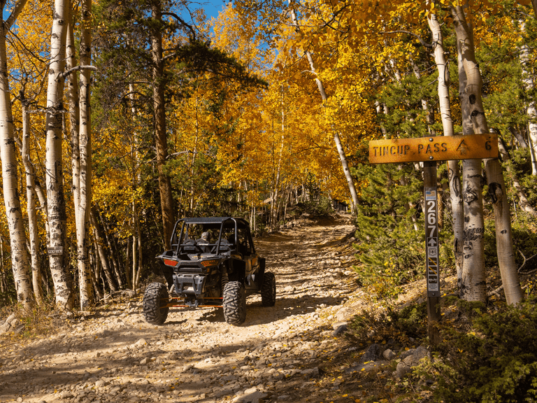 An off-road vehicle drives along a rugged dirt trail surrounded by vibrant autumn foliage near Tincup Pass, Colorado.