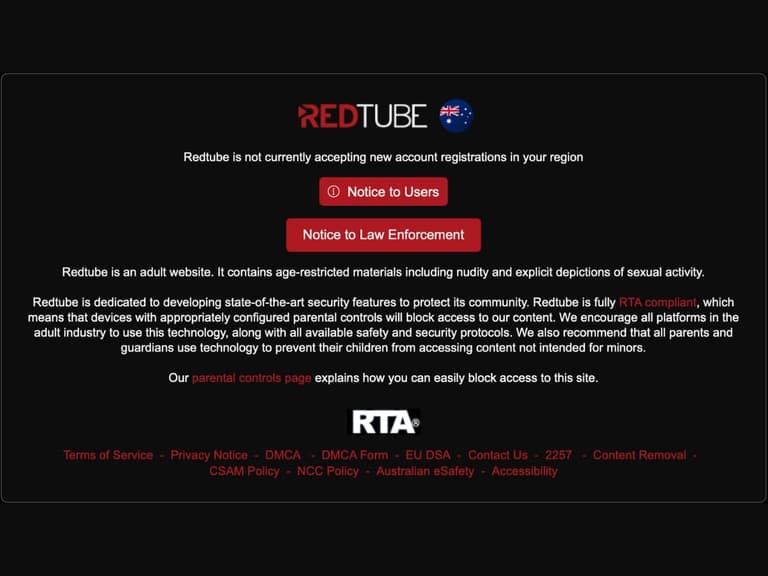 Screenshot of a regional access restriction message on an adult website for Australian users, citing compliance with the Online Safety Act 2026.