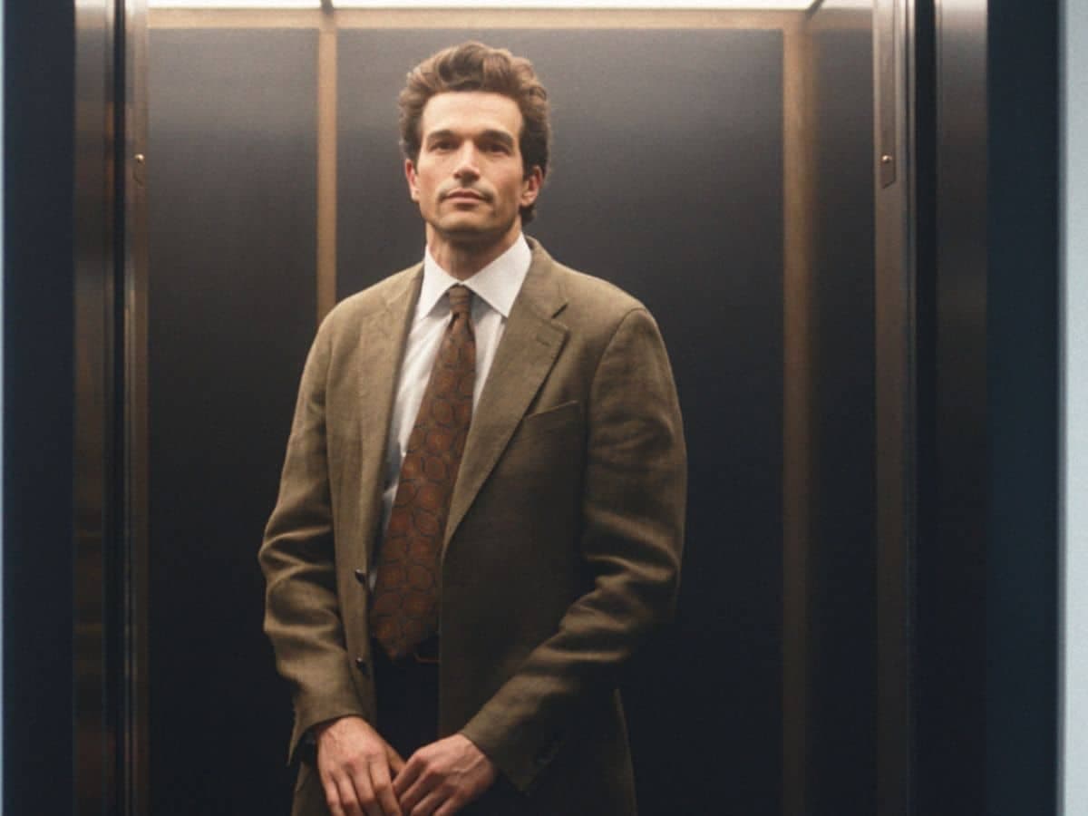 Man in brown suit and patterned tie stands in an elevator with dark walls and soft lighting.