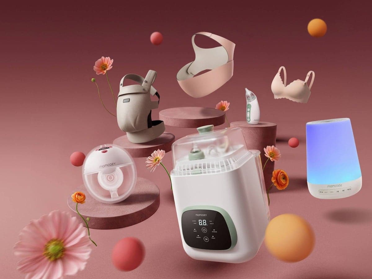 Momcozy UK baby essentials including bottle warmer, breast pump, baby carrier, nasal aspirator, sound machine and nursing bra