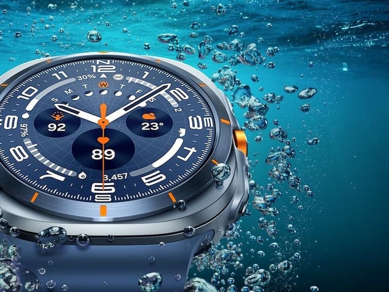 Samsung Galaxy Watch Ultra worn underwater showing the watch face