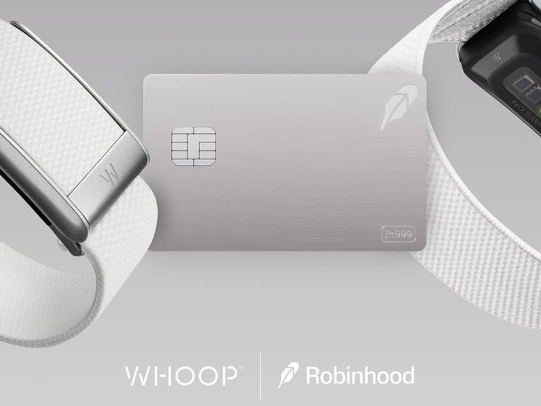 WHOOP 5.0 band alongside the Robinhood Platinum Card with the WHOOP and Robinhood logos