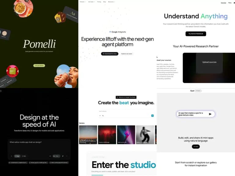 Screenshots of six free Google AI tools including Pomelli, Antigravity, Gemini Notebook, Stitch, Flow Music and Opal