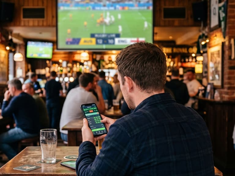 A man at the pub gambling on his phone while watching live sports