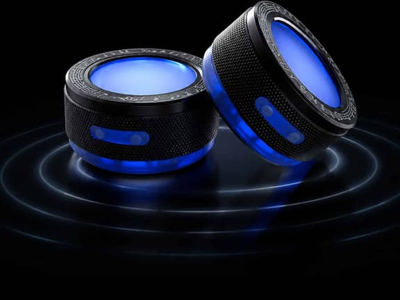 DuoSound Bluetooth speakers, a pair of compact round speakers with blue ambient lighting