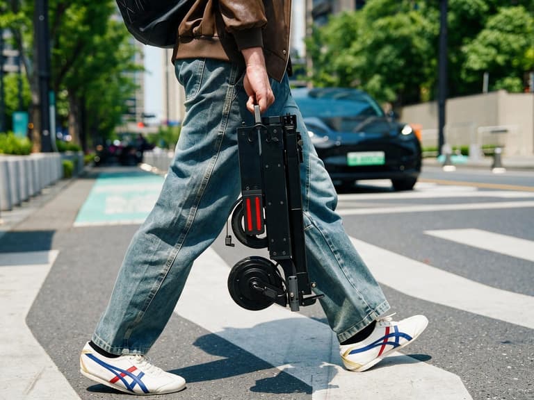 Person carrying the folded Blizwheel F0.5 electric scooter by its handle across a pedestrian crossing