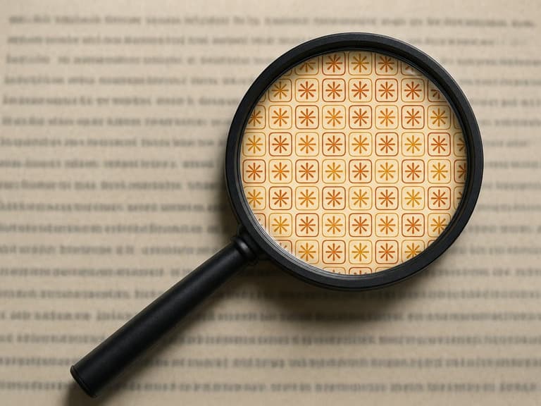 A magnifying glass held over a page of blurred printed text, revealing a hidden repeating pattern of orange glyphs visible only through the lens