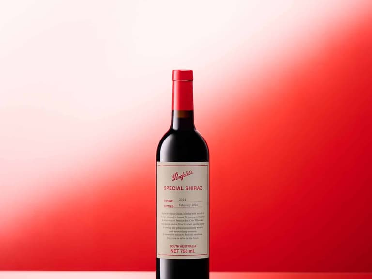 A bottle of Penfolds Special Shiraz 2024 standing on a reflective surface against a graduated red backdrop, with the cream and red label facing forward.