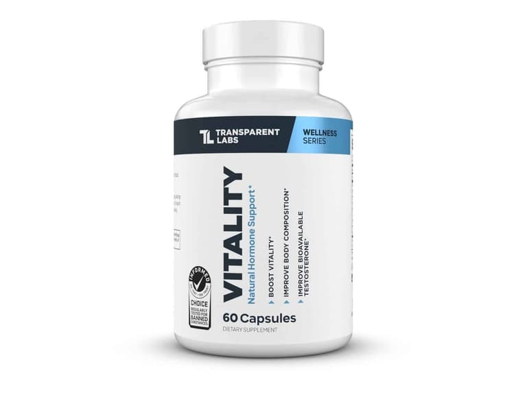 A white Transparent Labs Vitality supplement bottle on a plain white background, labelled 60 capsules and marked Informed Choice.