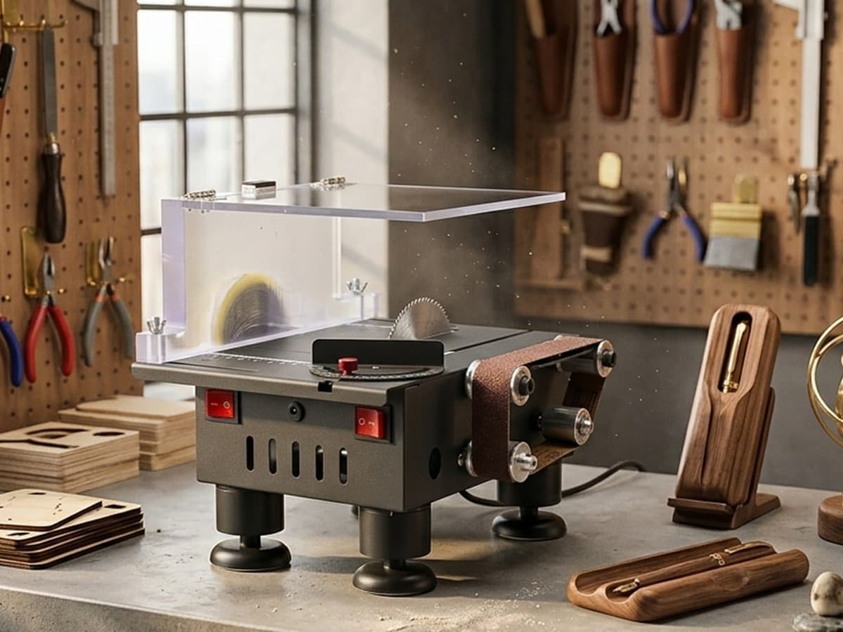 Mini 3-in-1 Desktop Craft Workshop on a workbench in front of a pegboard hung with pliers, files and hand saws