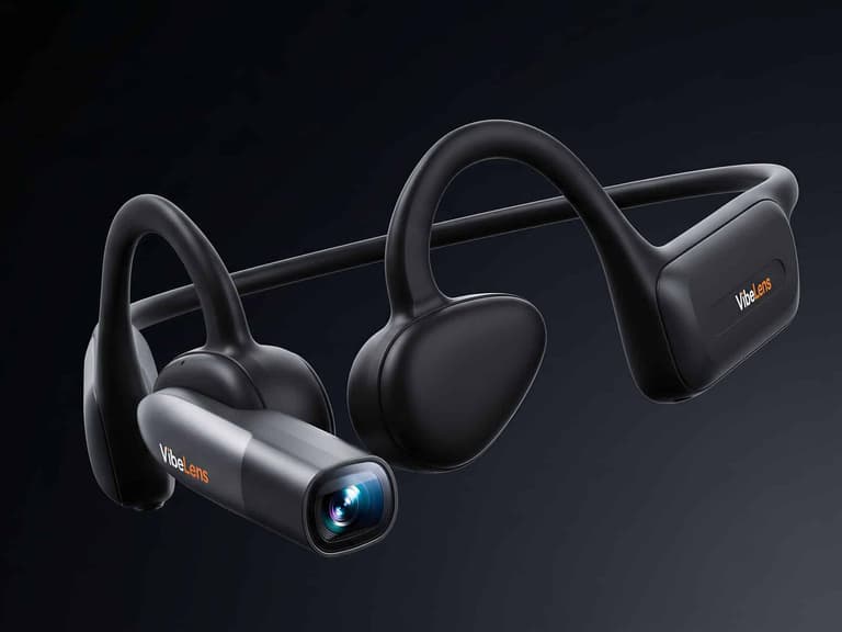 VibeLens MusicCam Pro open-ear camera headset in black, shown at an angle against a dark background with its forward-facing camera module visible