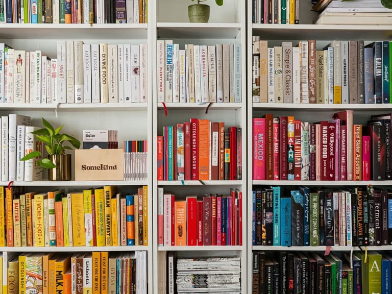 Colour coded books on a bookshelf