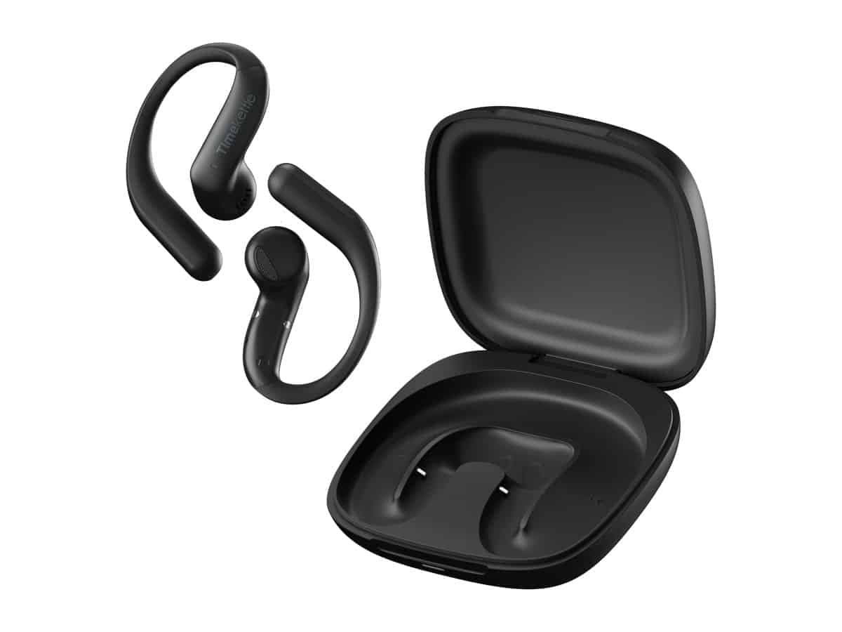 Timekettle LiveTalk AI Translation Earbuds in Polar Black beside their open charging case