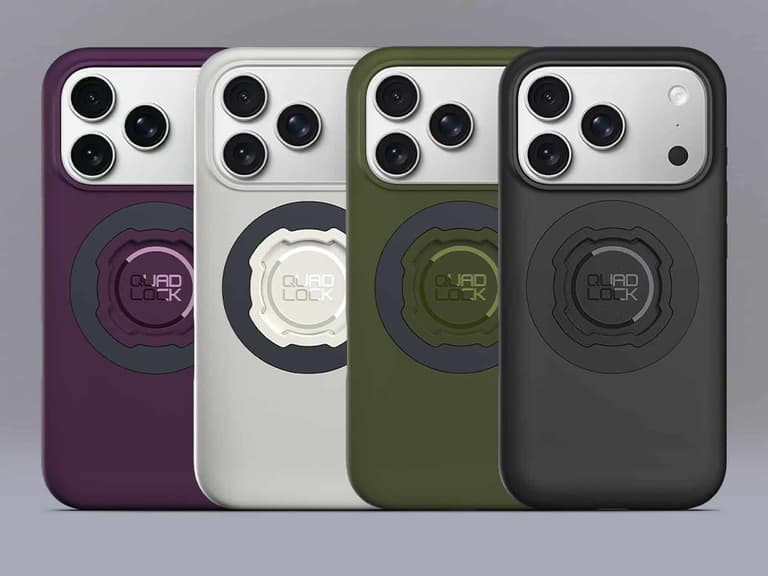 Four Quad Lock iPhone 18 cases in Plum, Stone, Olive and Black lined up side by side on a grey studio background