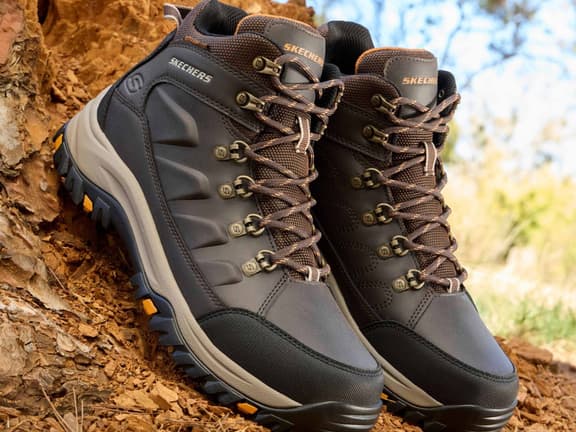Skechers waterproof hiking boots on an outdoor trail
