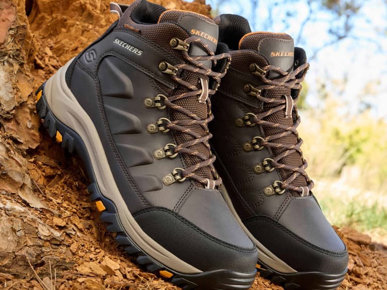Skechers waterproof hiking boots on an outdoor trail