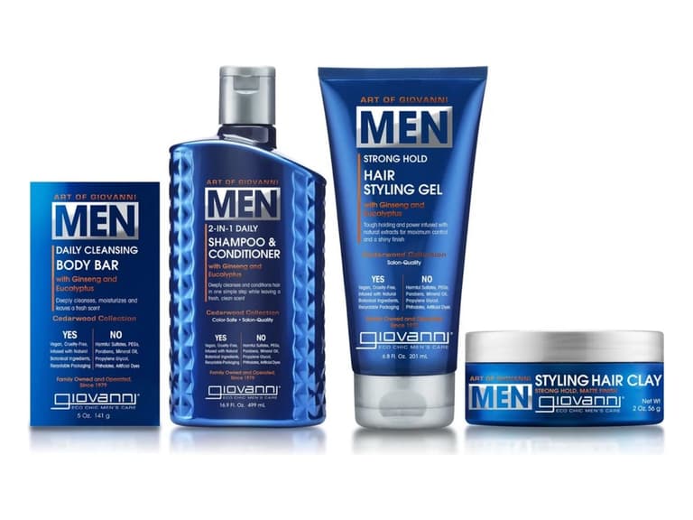 The four products in the Giovanni Classic Bundle: Art of Giovanni MEN Daily Cleansing Body Bar, 2-in-1 Daily Shampoo and Conditioner, Strong Hold Hair Styling Gel and Styling Hair Clay on a white background