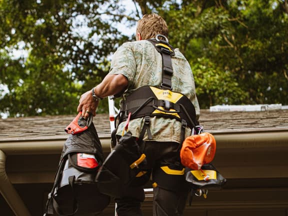 A roofer in a Petzl safety harness and Hawaiian shirt climbs a ladder onto a roof carrying gear bags